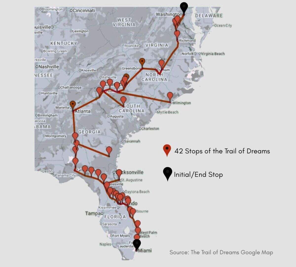 A map of the route the students walked from Miami’s Freedom Tower to the White House in the name of immigration reform.